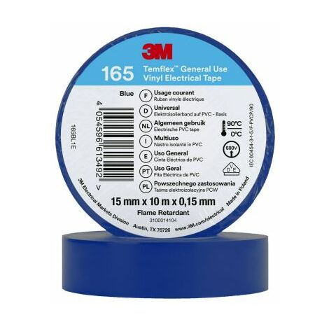 3M – Ruban isolant vinyle bleu 10m x 15mm x 0.152mm – Résistant jusqu'à +90°C – Pour applications électriques et d'isolation
