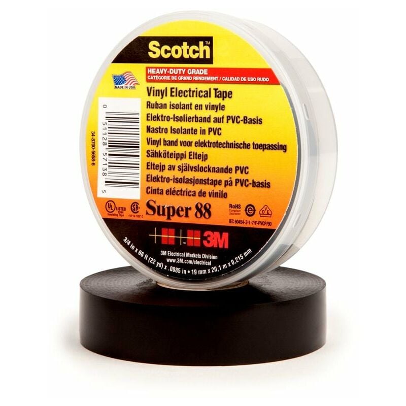 3M - Vinyl Electrical Tape Super 88, Black, 19mm x 20m - Black