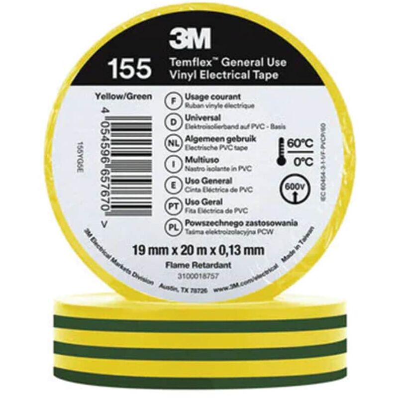 3M TemFlex 155 19MM X 20M Vinylelectrical Tape Y/G - EU