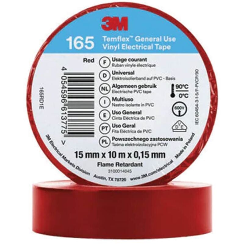 3M - TemFlex 165 15MM x 10M Vinylelectrical Tape Red - eu- you get 5 - Red