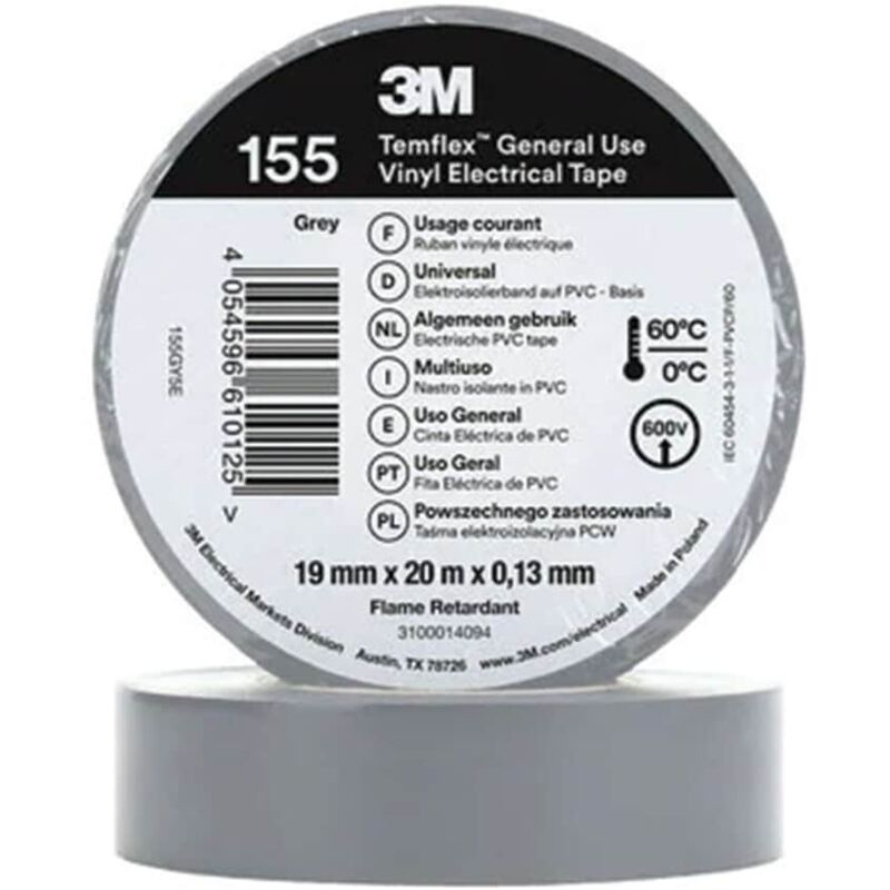 3M TemFlex 155 19MM X 20M Vinylelectrical Tape Grey - EU