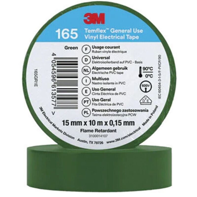 TemFlex 165 15MM x 10M Vinylelectrical Tape Green - eu- you get 5 - 3M