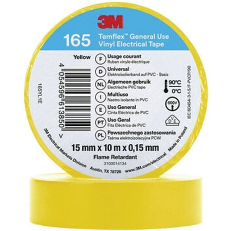 3M TemFlex 165 15MM X 10M Vinylelectrical Tape Yellow - EU- you get 5