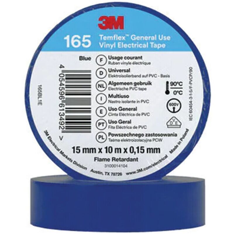 3M - TemFlex 165 15MM x 10M Vinylelectrical Tape Blue - eu- you get 5