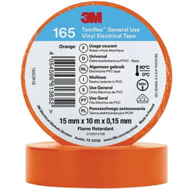 3M - TemFlex 165 15MM x 10M Vinylelectrical Tape Orange - eu- you get 5