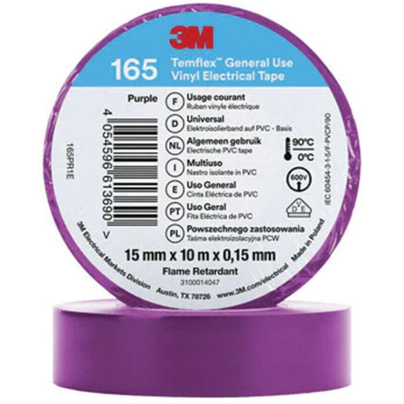 3M TemFlex 165 15MM X 10M Vinylelectrical Tape Purple - EU- you get 100