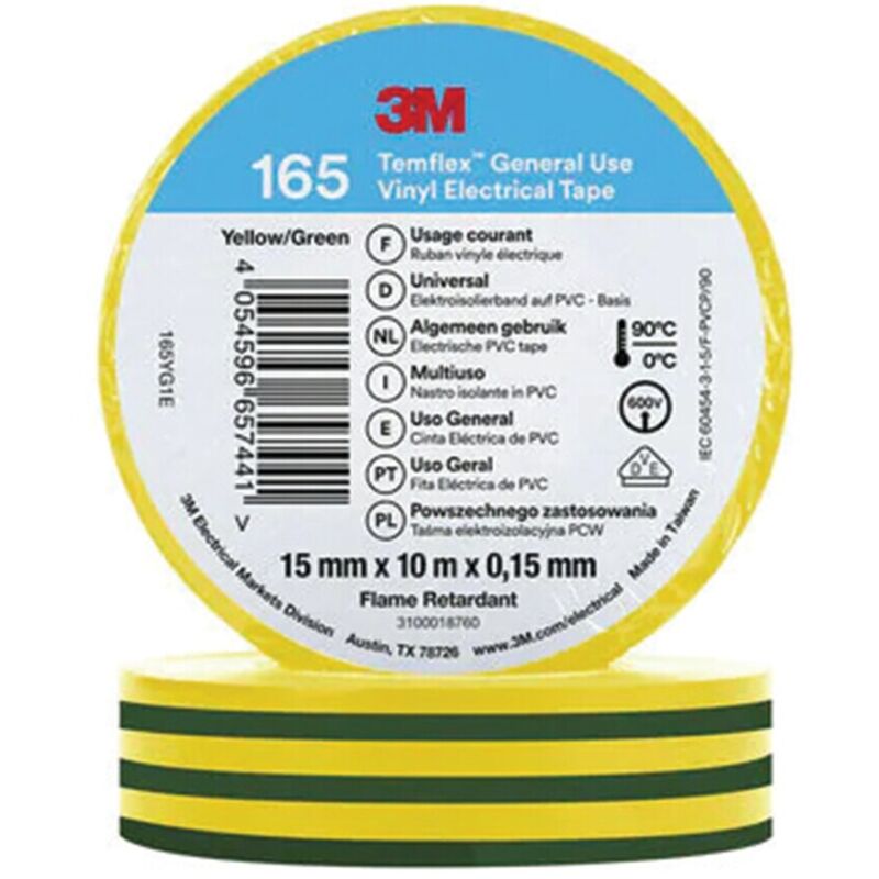 3M TemFlex 165 15MM X 10M Vinylelectrical Tape Y/G - EU- you get 100