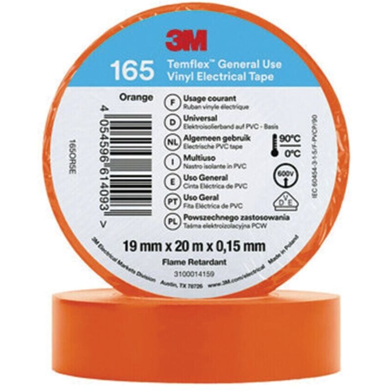 3M - TemFlex 165 19MM x 20M Vinylelectrical Tape Orange - eu