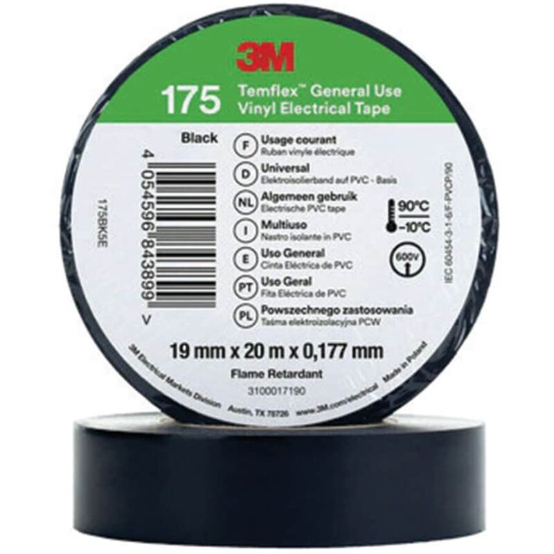 3M - TemFlex 175 19MM x 20M Vinylelectrical Tape Black - eu - Black