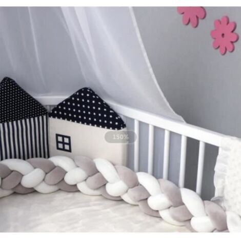 3M Tour de lit coussin Serpent Coussin Tressé pare-chocs Velours Protection bébé 100% Fait à Main（2Gris+2Blanc）