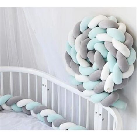 3M Tour de Lit Coussin Serpent Coussin Tressé Pare-chocs Velours Protection Bébé -Blanc+Gris+Vert