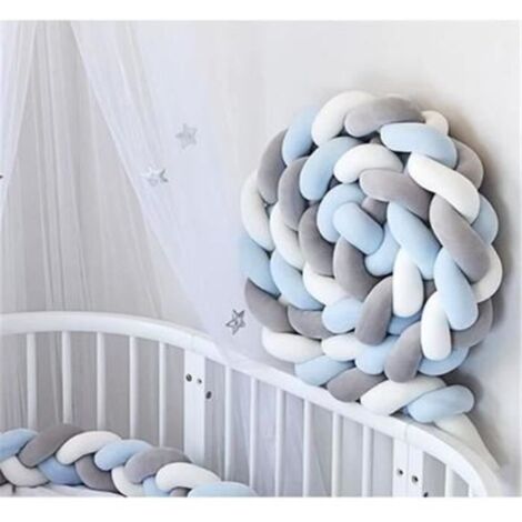 3M Tour de Lit Coussin Serpent Coussin Tressé Pare-chocs Velours Protection Bébé- Gris+Blanc+Bleu