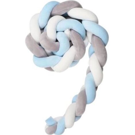 3M Tressée Tour De Lit Bébé Berceau Tissé À La Main Noué en Peluche Peluche Coussin Bumper Lit De Bébé -Gris+ blanc+Bleu
