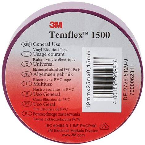 3M TVIO1925 Temflex 1500 Nastro isolante elettrico in vinile, 19 mm x 25 m, 0,15 mm, viola