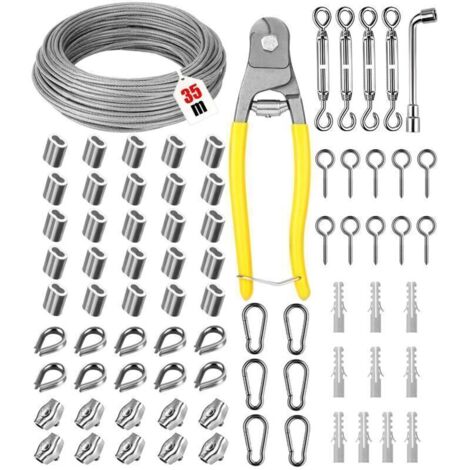 3mm 35m Steel Rope Kit, 304 Stainless Steel Cable, Hanging Clothesline with Tensioner Hook, PVC Coated Steel Cable for Climbing Plants, Clothesline, Hanging Lights