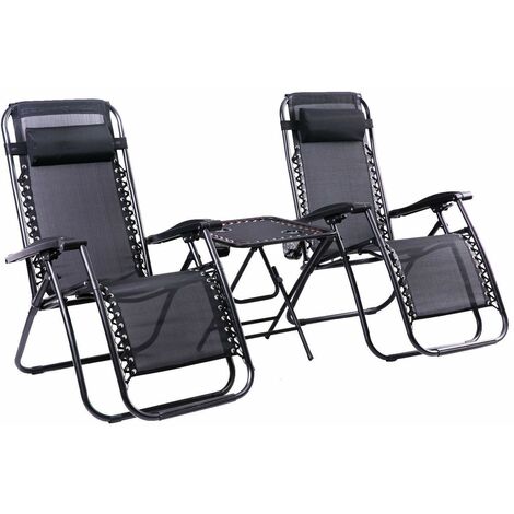 3PC Sun Lounger with Table Zero Gravity Chairs Reclining Garden Lounge Chair Set Weatherproof Black