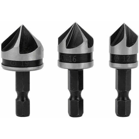3pcs 1/4" Hex HCS Fraise à Chanfreiner 5 Flûte Foret Embouts pour phanfreiner Évier à Fraise Conique 12mm/16mm/19mm Pour Bois Métal