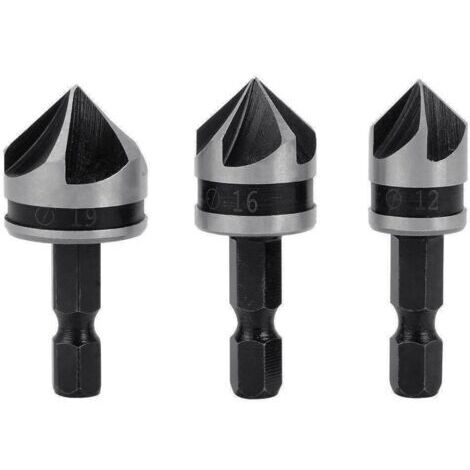 3pcs 1/4" Hex HCS Fraise à Chanfreiner 5 Flûte Foret Embouts pour phanfreiner Évier à Fraise Conique 12mm/16mm/19mm Pour Bois Métal