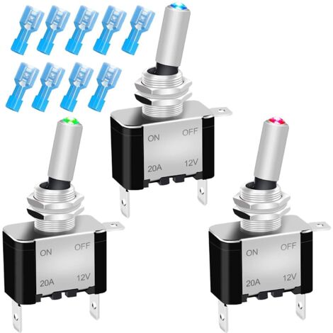 3pcs 20A 12V-24VDC Conmutador de Palanca con Luz LED(Rojo,Verde, Azul),Interruptor de Palanca 2Posiciones ON/Off 3Pin SPST, Interruptores de Basculantes para Auto Vehiculo Barco