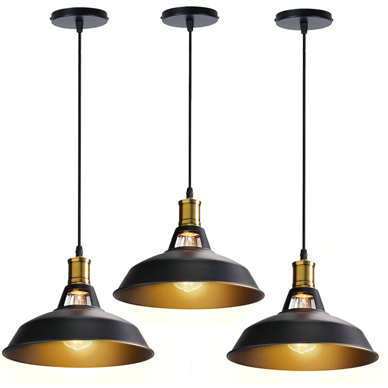 3PCS 27CM Vintage Hanging Light Industrial Pendant Light Creative Pendant Lamp for Kitchen Farmhouse Hallway Indoor (Black)