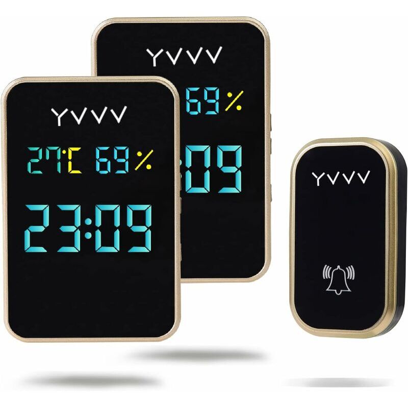 Sonette sans Fil, Carillons Étanche sans piles, Sonnette équipée d'un capteur de température et d'humidité, temps d'affichage, Kit de 1 Carillon