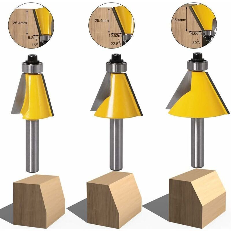 3pcs 8mm tige chanfrein et chanfrein chanfrein outil de travail du bois fraise du bois (15 degrés + 22,5 degrés + 30 degrés)
