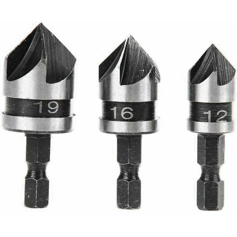 3pcs 90 Degree 5 Flute Chamfer Cutters Set For Woodworking Metal Quick Change 1/4 'Hex Carbon Steel Chamfer Drill Bit 12/16 / 19mm Woodworking