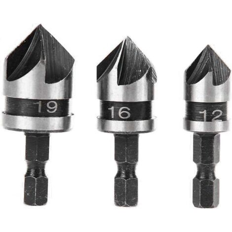 3pcs 90 Degrés 5 Flûte Fraises à Chanfreiner Set Pour Bois, Métal Changement Rapide 1/4" Hex Foret à Chanfreiner en Acier au Carbone Outil de Coupe de Chanfreinage de Bois 12/16/19mm