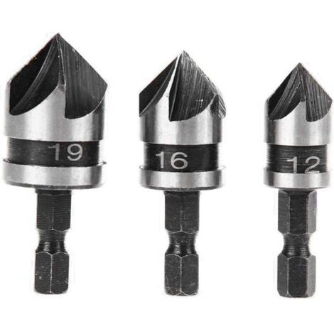 3pcs 90 Degrés 5 Flûte Fraises à Chanfreiner Set Pour Bois, Métal Changement Rapide 1/4" Hex Foret à Chanfreiner en Acier au Carbone Outil de Coupe de Chanfreinage de Bois 12/16/19mm