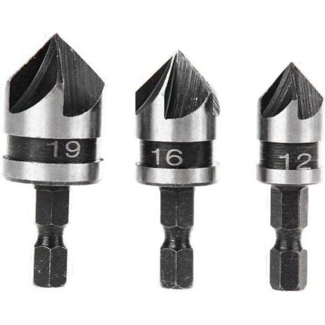 3pcs 90 Degrés 5 Flûte Fraises à Chanfreiner Set Pour Bois, Métal Changement Rapide 1/4" Hex Foret à Chanfreiner en Acier au Carbone Outil de Coupe de Chanfreinage de Bois 12/16/19mm