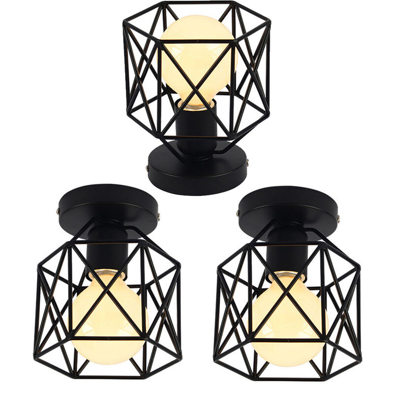 3pcs Vintage Ceiling Light Fixture Industrial Simple Black Ceiling Lamp Metal Cage Chandelier with Lampshade for Living Room Hallway