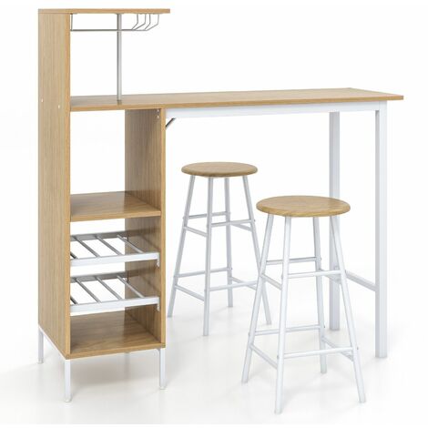 3PCS Bar Table & 2 Stool Industrial Kitchen Dining Set W/ Wine Rack Glass Holder