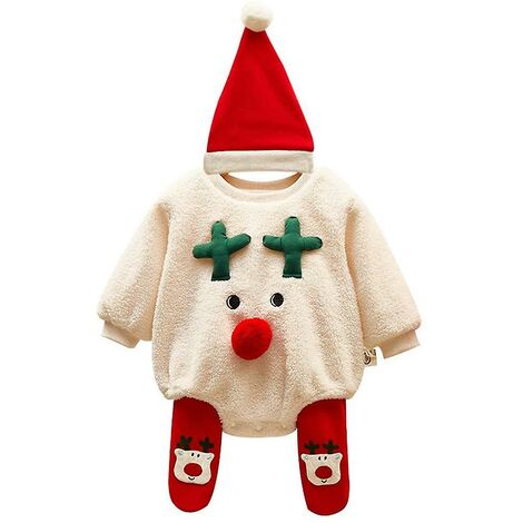 3pcs bébé Noël barboteuse ensemble nouveau-né tenues vêtements de Noël hauts pantalons avec chapeau, 80 cm