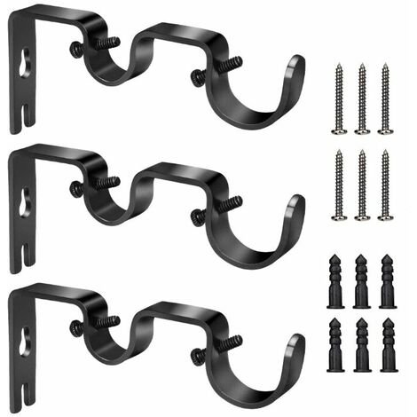 3pcs Black Curtain Rod Double Wall Rod Hook Kit with Screws 12.2cm Adjustable Window Bedroom Decoration