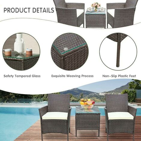 3pcs Black Rattan Outdoor Garden Furniture Sofa Set Table & Chairs Rome