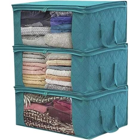 LINGHHANG (3pcs, Blue) Foldable Clothes Storage Bag, 49 x 36 x 21cm, Underbed Storage Bag, Thick Waterproof Non-Woven Fabric, Suitable for Quilts, Blankets, Pillows, Clothes