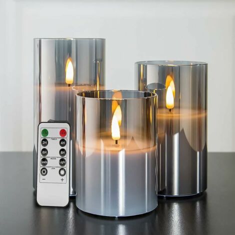3pcs Bougies scintillantes sans flamme en verre gris argenté avec télécommande, paquet de 3 fausses bougies LED réalistes