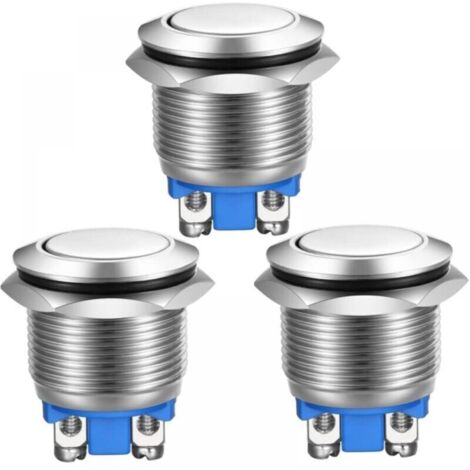 3pcs Bouton Poussoir Momentané Bornes à vis en Acier Inoxydable Bouton étanche à l'eau 19mm 2A 12V/24V/125V/250V(Tête Plate)