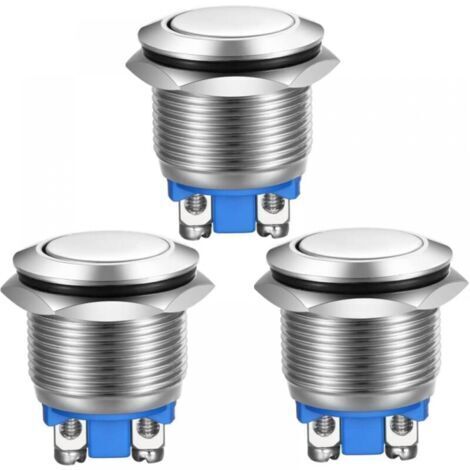 3pcs Bouton Poussoir Momentané Bornes à vis en Acier Inoxydable Bouton étanche à l'eau 19mm 2A 12V/24V/125V/250V(Tête Plate)