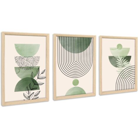 3pcs Cadre En Bois Impression Sur Toile Boho Vert Sauge Tableau Peinture Minimaliste Géométrique Beige Vert Tableau Decoration Murale Salon Chambre Maison 90x40cm(12"X16"X3pcs) (Pas De Plexiglas)