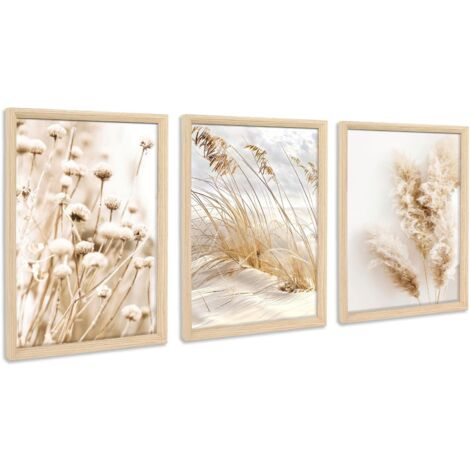 3pcs Cadre En Bois Impression Sur Toile Pissenlit Beige Herbe De La Pampa Tableau Affiche Plage Côtière Tableau Decoration Murale Salon Chambre Maison 90x40cm(12"X16"X3pcs) (Pas De Plexiglas)