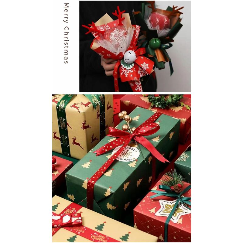 3pcs Christmas Gift Wrapping Paper, Kraft Paper - Snowflakes, Red and Christmas Wishes - Each Roll 74cm X52cm