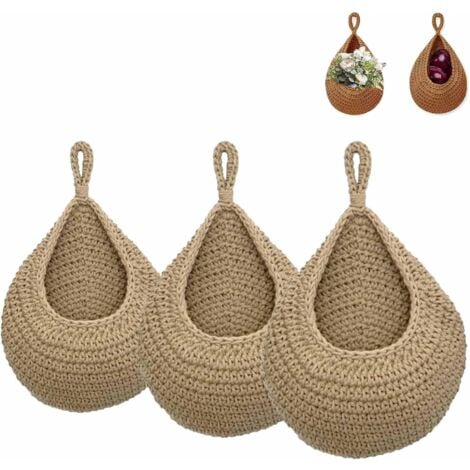 3Pcs Corbeille A Fruit Suspendue,Panier de Fruits et Legumes Suspendu Au Mur,Panier Mural en Jute Tressé à La Main en Forme de Goutte D'eau,Panier Suspendu Rangement pour Cuisine,Salon,Porche