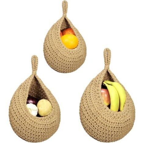 3Pcs Corbeille A Fruit Suspendue,Panier de Fruits et Legumes Suspendu Au Mur,Panier Mural en Jute Tressé à La Main en Forme de Goutte D'eau,Panier Suspendu Rangement pour Cuisine,Salon,Porche