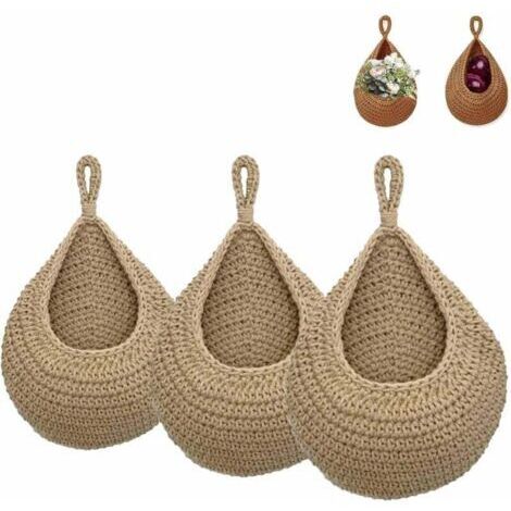 3Pcs Corbeille A Fruit Suspendue,Panier de Fruits et Legumes Suspendu Au Mur,Panier Mural en Jute Tressé à La Main en Forme de Goutte D'eau,Panier Suspendu Rangement pour Cuisine,Salon,Porche
