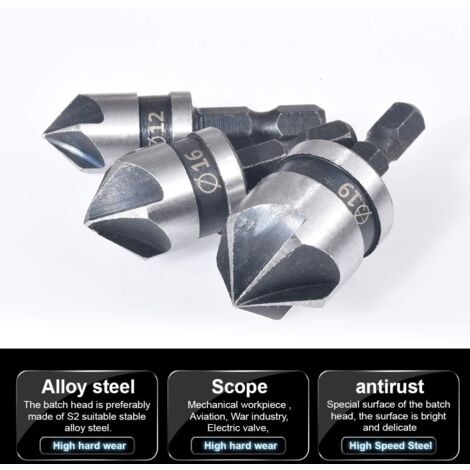 3pcs Countersink Drill Bit Set (12mm/16mm/19mm) for Woodworking Quick Change Metal Set
