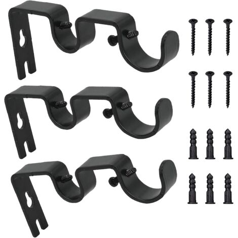 3pcs Curtain Rod Brackets, Adjustable Curtain Rod Wall Mount, Double Curtain Pole Brackets, Metal Heavy Duty Curtain Rod Wall Brackets with Screws for Wall Window Curtain (Black)