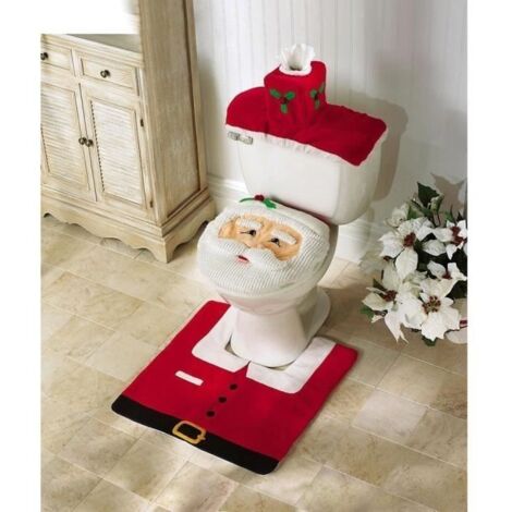 3Pcs Decorations De Noël Père Housse Abattant De Toilettes Santa Tapis De Bain Et Couvercle De Reservoir / Boîte De Mouchoirs