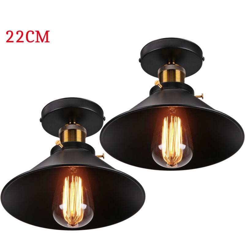 Plafonnier Vintage Rétro Lampe de Plafond Industrielle Fer Abat-jour 22cm Noir 2PCS