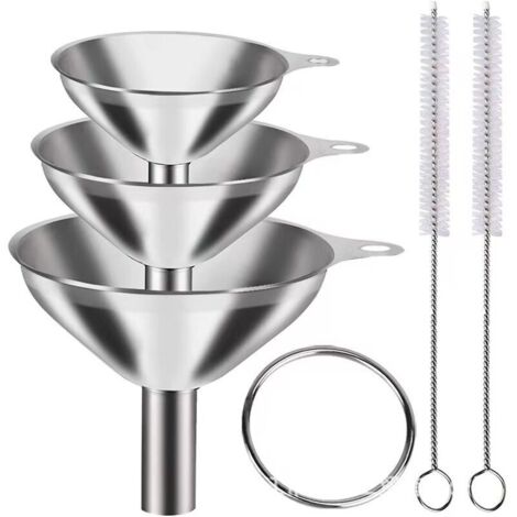 3pcs entonnoirs cuisine acier inoxydable,pour remplissage liquides,épices,transfert d'huile,jus poudre,parfum avec brosse nettoyage.